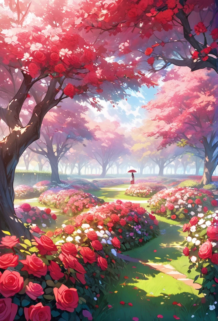 Surrounded by a vast rose garden, Bright red flowers, pink, And the white covers the landscape in a flurry of colors.. A hall among flowers々Stand with, A tree stretches towards the sky, The branches spread out as if embracing the beauty of the surroundings.. From a tree&#39;s perspective, A breathtakingly majestic sight unfolds. In the distance, Towering Mountain々is looming on the horizon, The summit is enveloped in gaps in the swirling clouds.. The sun begins to rise behind the majestic mountain range, warm, Golden glow on the serene landscape below. cloud, I was moved by the first light of dawn., fluffy, Ethereal quality, Enhances the sense of serenity that permeates the entire scene. Inspired by the art style of acclaimed anime films "yourname," Create images that capture the beauty and serenity of nature. Pay close attention to detail, From the intricate patterns of roses to the subtle play of light and shadow in the landscape.. Keep the colors soft and calm, Reflecting the quiet of early morning. More than anything, Convey awe and awe, The breathtaking views of this idyllic garden、The viewers will be enthralled.