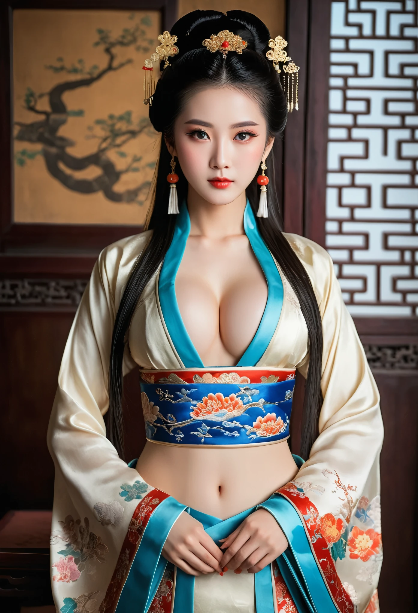 A traditional Chinese courtesan from ancient times. She's beautifully dressed in an exquisite hanfu, with numerous intricate hair ornaments adorning her elaborately styled dark hair. Her face is perfectly round, with delicate features and heavy makeup highlighting her eyes and lips. standing gracefully in a room adorned with classical Chinese art and furniture. (underboob cutout:1.5,partially_undressed:1.5)
