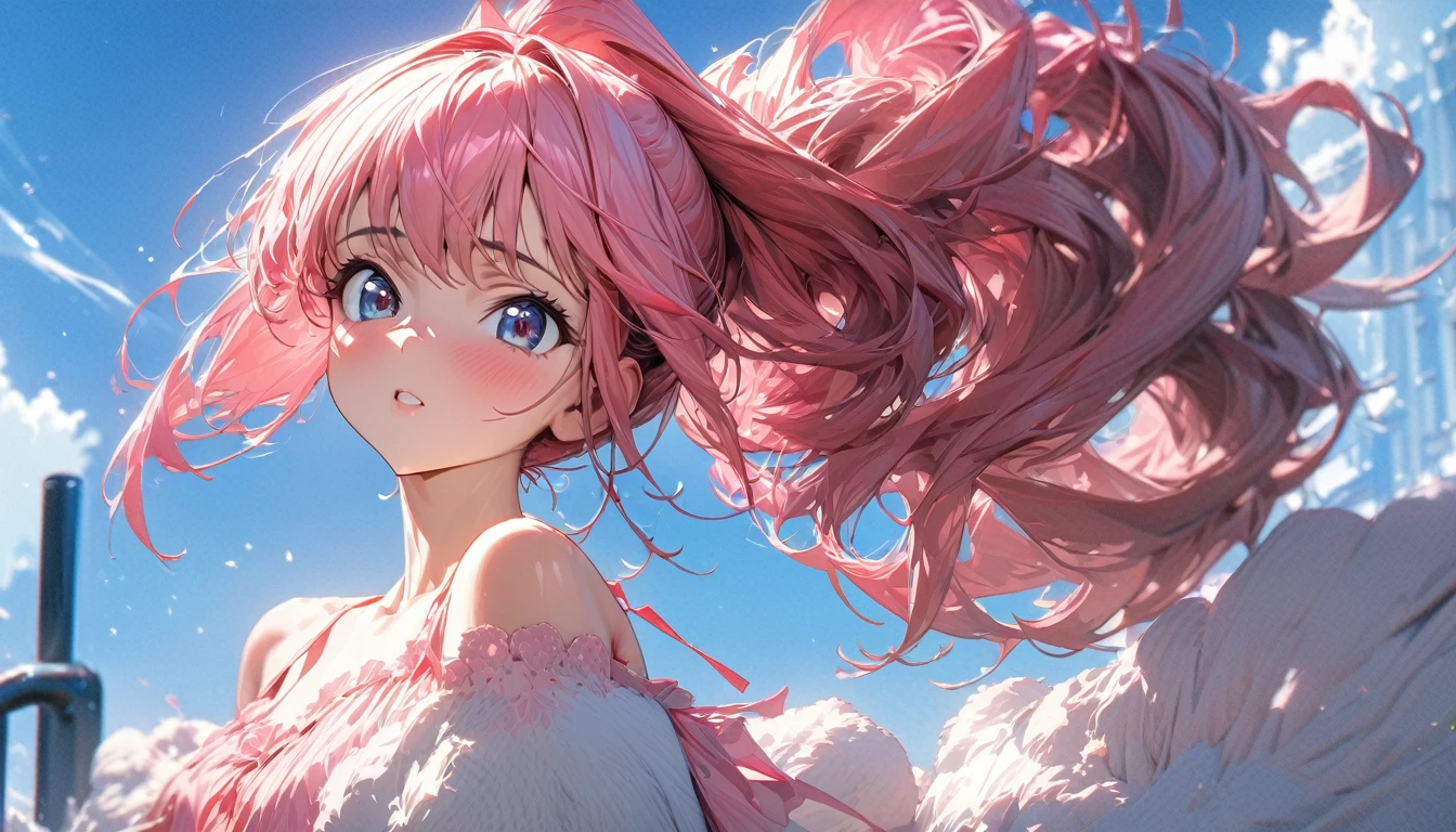 One person, high school student, woman, Ultra-high resolution, 超detailed, Highest quality, 8k,((Highest quality)), ((masterpiece)), (detailed)，Face direction(front)，Hair Color(Bright pink，Fine hair quality), Hairstyle(Soft and fluffy, Ponytail), background(blue sky，morning)，eye(きれいなeye元), clothing(negligee)，expression(Exquisite features depicting a perfect face)，Body Type(model，Naturally beautiful)，Perfect hands，完璧なwoman像, Dramatic Shadows，Cute pose，Anime characters, Code Geass, betrayal