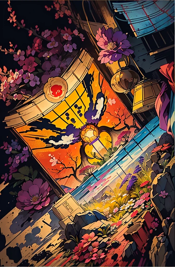 (Art by Numbers,Inks and washes:1.2)，Nobody, Mountain々, wood, Rivers，Flowers，Cherry Blossom，Purple Flower,沢Mountainの花(Oriental elements, The colors of Japan, Senior Color Matching),  (3D sculpture，Rendering with Octane，Volumetric Light，Natural soft light，), (Very delicate:1.2, Losing focus:1.2, Very colorful, Cinema Lighting, Chiaroscuro,Ray Tracing), masterpiece, Super rich,Very detailed,8k, Zurrison_style_wonderful_wall,Based on purple,Paintings with a lot of purple,(((富士Mountainを書いて)))