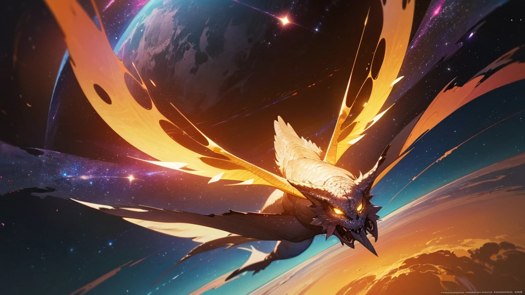 a detailed dragon flying through space, near a black hole, with stars and planets, (best quality,4k,8k,highres,masterpiece:1.2),ultra-detailed,(realistic,photorealistic,photo-realistic:1.37),cinematic lighting,dramatic angles,highly detailed scales,gigantic wingspan,powerful claws,glowing eyes,intricate textures,nebulae,swirling cosmic energy,galaxies in the background