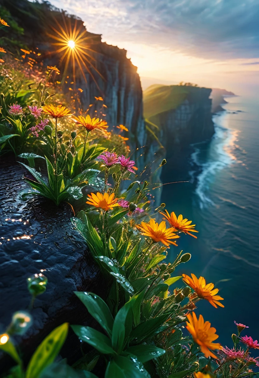 Beautiful and detailed morning scenery, Intricate details, practical, Dramatic lighting, The first rays of sunlight at dawn, sunrise，sunlight，Dew on flowers on a cliff, Natural light, movie, photopractical, High resolution wallpapers、And an eternal moment, 16K, Ultra-high resolution.Realistic, Ultra-high resolution, to be born,future、Rainbow colorsに光り輝く、Rainbow colors、The world 30 years from now。