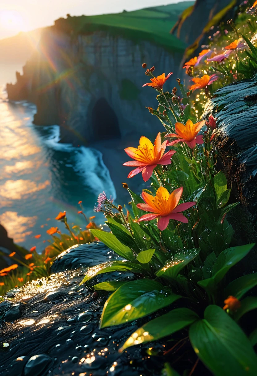 Beautiful and detailed morning scenery, Intricate details, practical, Dramatic lighting, The first rays of sunlight at dawn, sunrise，sunlight，Dew on flowers on a cliff, Natural light, movie, photopractical, High resolution wallpapers、And an eternal moment, 16K, Ultra-high resolution.Realistic, Ultra-high resolution, to be born,future、Rainbow colorsに光り輝く、Rainbow colors、The world 30 years from now。