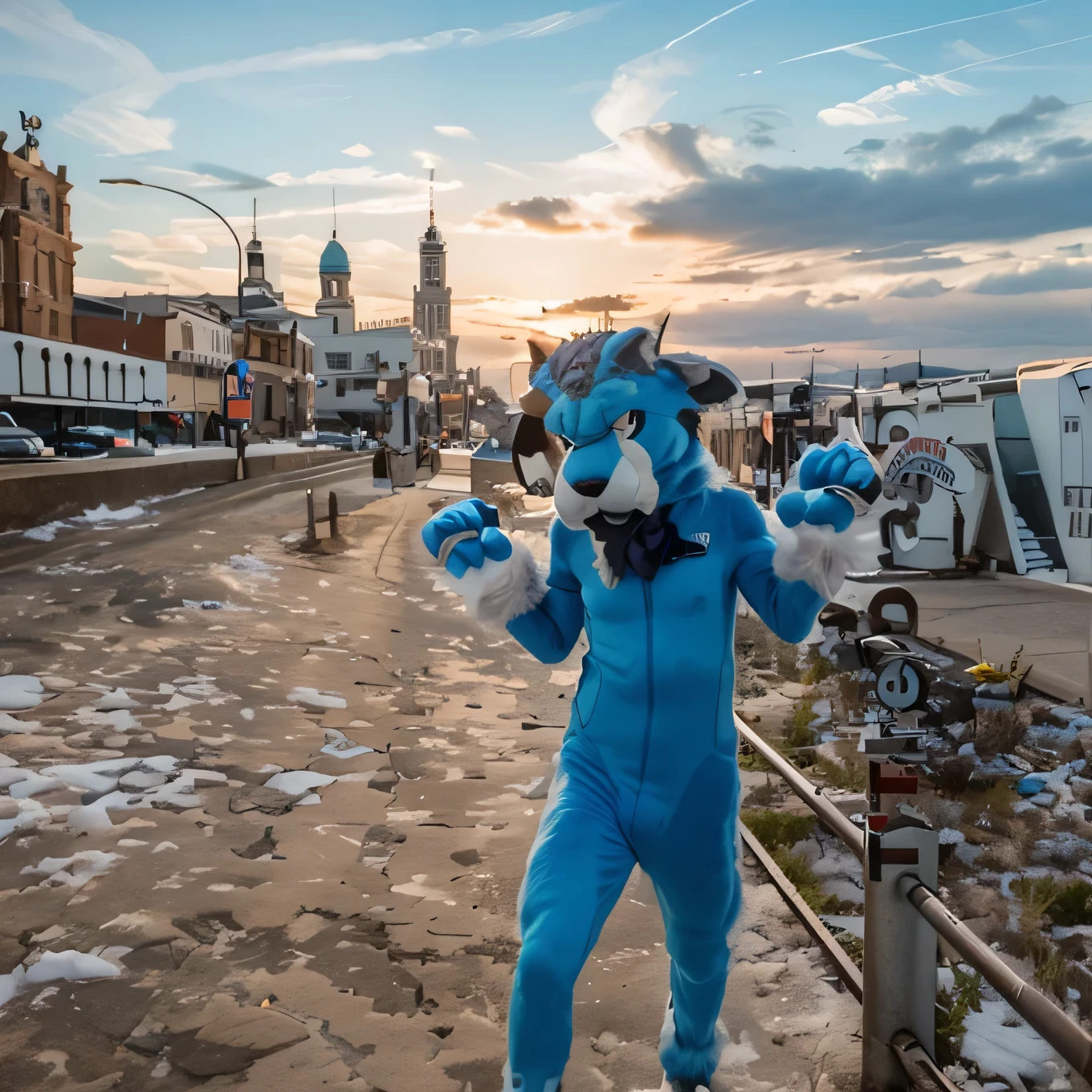 Arafed man in a blue fur bodysuit with white belly fur and blue gloves holding a blue and white stuffed animal, Twitch-Streamer / gamer ludwig, the furry Fursuit is running, Fursuit, Fursuit!!!!, with a city in the background, The Blue Panther, surrounding the city, by Robert Zünd, profile picture 1024px, Picture of very, very good quality, in the background