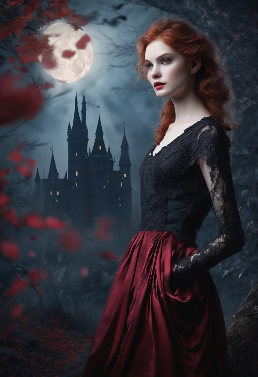 vampire princess,16 years old,Stunningly beautiful,blue eyes,Red hair,(Best Quality,4k,8k,High resolution,masterpiece:1.2),ultra detailed,(realist,photorealist,photo-realist:1.37),softly glowing pale skin,pure blood,porcelain complexion,elegant and refined features,Elegant posture,Dark and mysterious atmosphere,gothic fashion,flowy black lace dress,touch of red in your clothes,delicate silver jewelry with ruby details,subtle but captivating smile,slightly pointed canines,translucent wings resembling bat wings,subtle shiny effect on their wings,gardens ????????????? roses in bloom,Bright red petals that contrast with the darkness.,lovely moonlit night,Dark and eerily beautiful castle in the background.,touches of moonlight illuminating its ethereal beauty,dark shadows and dramatic lighting,icy gaze that freezes the hearts of those who dare to meet his gaze,air of authority and power,symbol of danger and attractiveness,night sky filled with swirling fog and bright stars,Subtle color palette with deep blue tones,purple,and black,Soft lighting with soft moonlight that casts an ethereal glow.,vibrant but elegant style,with a touch of darkness and mystery,Portraits,fancy,horror.