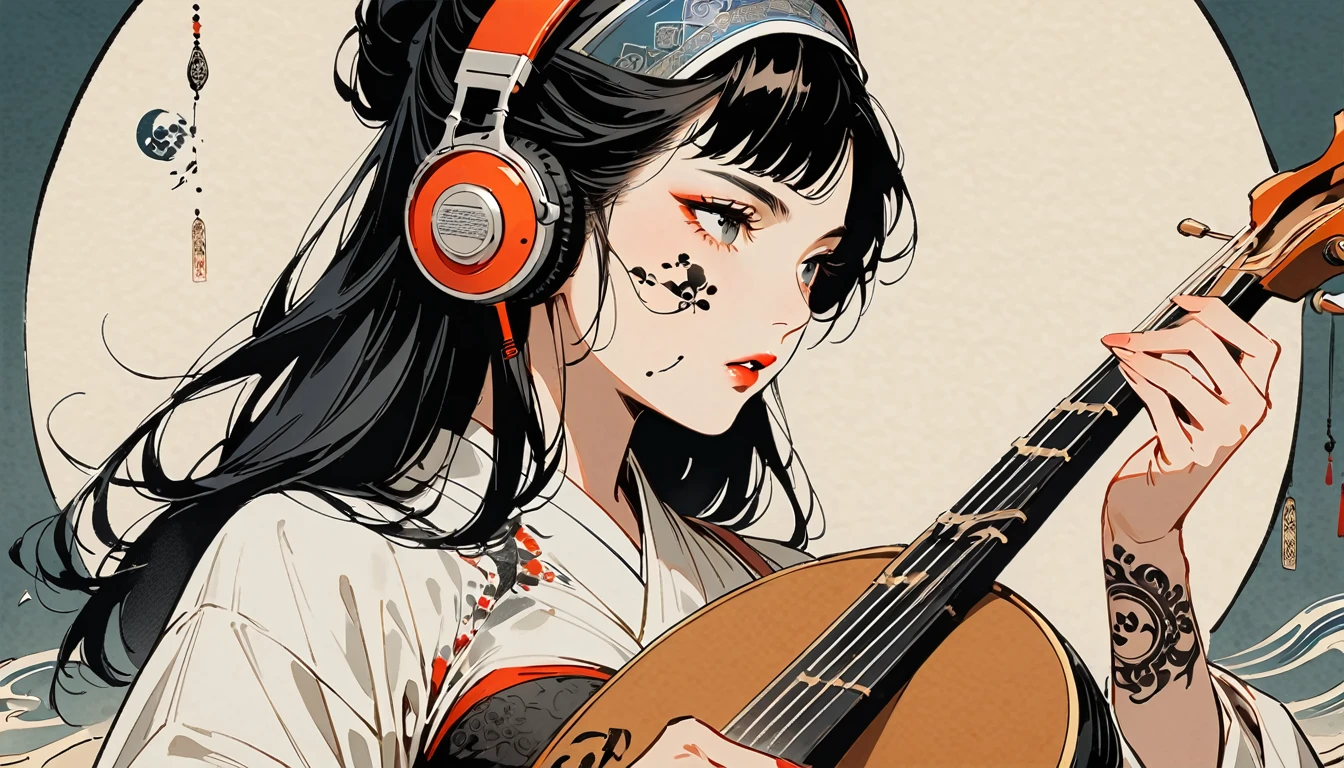 Ink Painting, (((1 person))), (((Tattoo on face))), (((Arabic String Instruments))), Arabic style headphones, beautiful girl, Black Hair, Delicate and precise, Modern ukiyo-e style