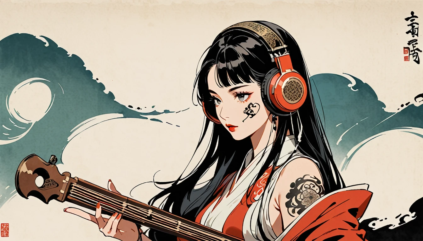 Ink Painting, (((1 person))), (((Tattoo on face))), (((Arabic String Instruments))), Arabic style headphones, beautiful girl, Black Hair, Delicate and precise, Modern ukiyo-e style