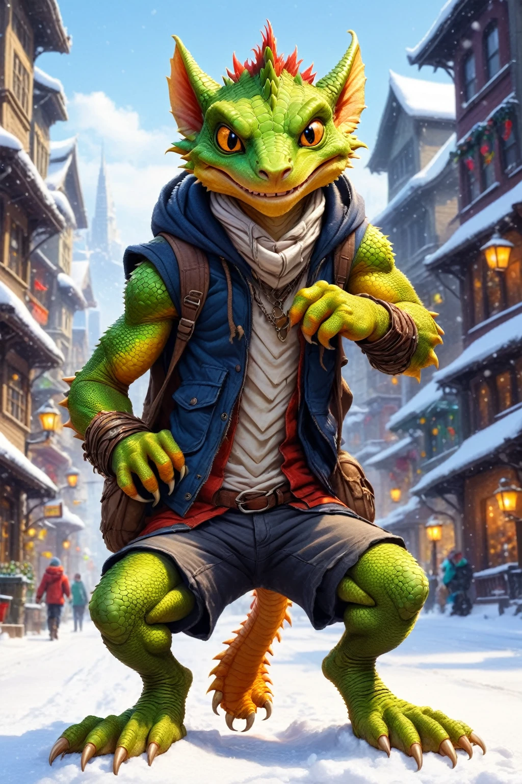 a realistic young white male slim anthro lizard kobold sitting in a snow city, the creature should have grabby paws with four toes and one thumb toe, is barefoot, and looking to the viewers with yellow eyes and smile, It should also have a backpack and be holding a phone in he toes, additionally, the creature should be wearing an anklet on one of the footpaws, feel the nature on his naked body, shows his foot paw soles, has no shame and is always naked