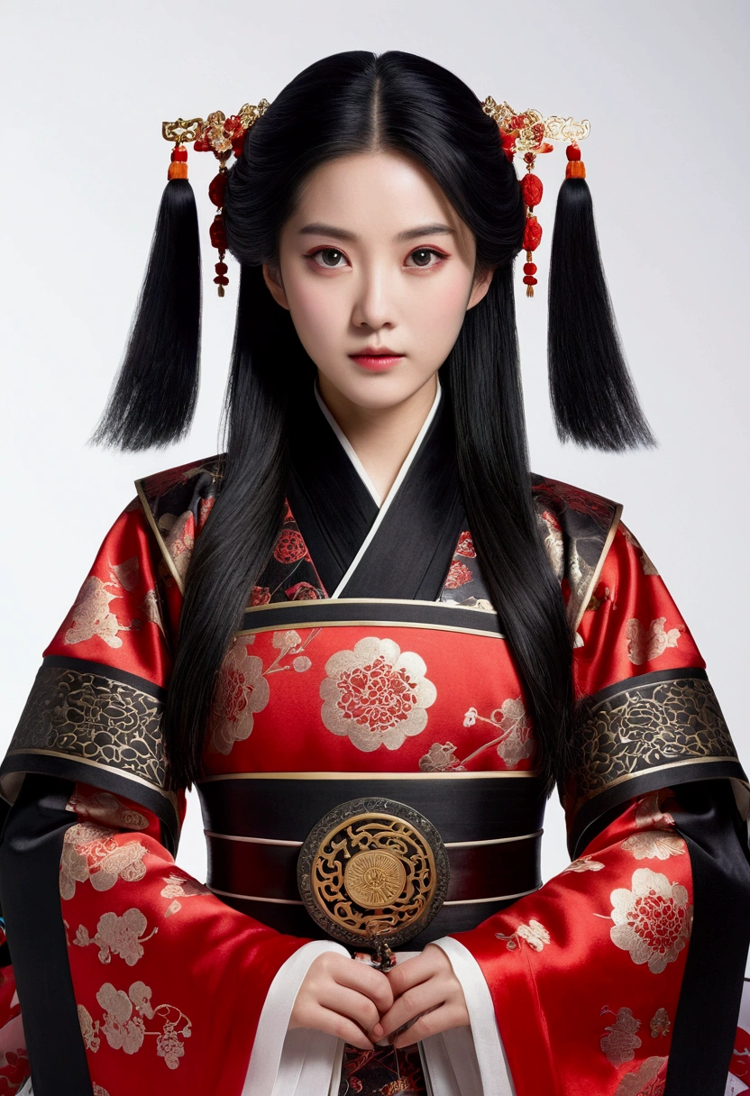 1 girl, Woman, bonitas, tenebrosa, Chinese Costume Armor, ((2.5D)), Bblack hair, floating hair, Delicate Eyes, antique black and red damask Hanfu, fov, (F1.8), (tabletop), (Portrait photo), frontal photo, White background, (cinema poster)