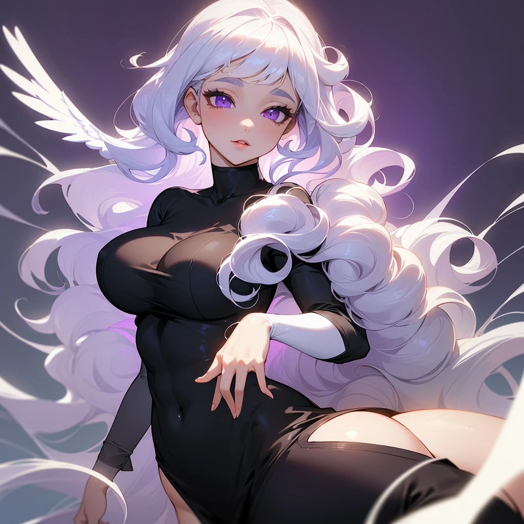 ((ultra quality)), ((masterpiece)), ((Angelic beauty woman)), ((long white curly hair)), ((White hair)), ((White hair)), ((curly hair)),  (beautiful face), (beautiful female lips), Enchanting ((Sweet facial expression)), looks at the camera with a slight smile, (White skin color), (White skin), glow on the body, ((detailed eyes)), ((violet eyes)), (juicy female lips), (dark eyeliner), (beautiful female hands), ((thick body)), ideal female body, ((black dress)), beautiful waist, beautiful big hips, big breasts, thick thighs, ((Subtle and beautiful)) (), ((depth of field)), ((high quality clear image)), (delete details), ((High detail)), ((clear focus))