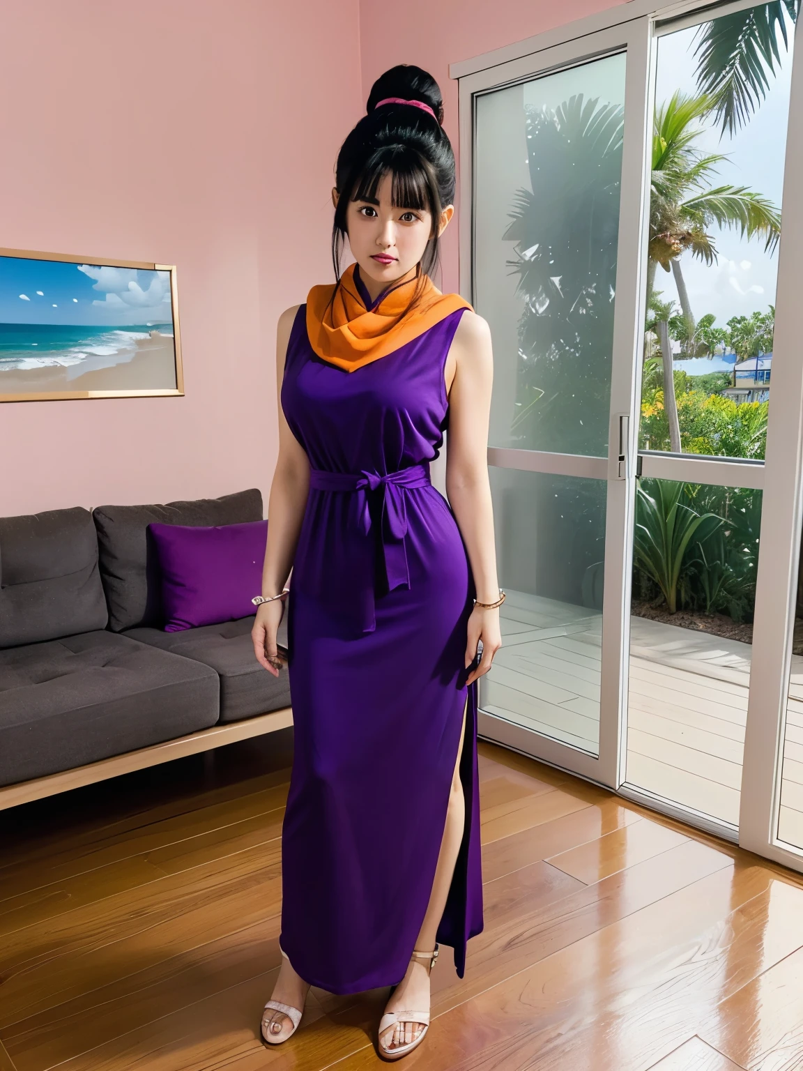 (masterpiece, best quality:1.2), 1girl, solo, professional lightings, cinematic lightings, 8k wallpaper, ultra realistic portrait of chichi, dragonball, chichi_dbz, ((dark purple Chinese dress, orange scarf)), bangle, bracelet), bare foots, detailed face, detailed eyes, highres, detailed skin texture, (ultra slim waist, perfect slim body style), black hair, (dango hair:1.15, parted long bangs:1.15), big eyes, double eyelids, ((ultra huge breasts, ultra huge tits, ultra huge boob, ultra huge cleavages)), ultra realistic mature older face, ultra detailed mature older face, realistic wrinkles on face and eyes, detailed wrinkles on face and eyes, (in living room, TV, view palms tree via window:1.1, ocean, palm tree and beach view via window:1.25, couch, wooden floor, house plants, pink painted walls:1.1), in extremely tiny island, ((standing)), looking at viewer, cowboy shot, close up angle, 
