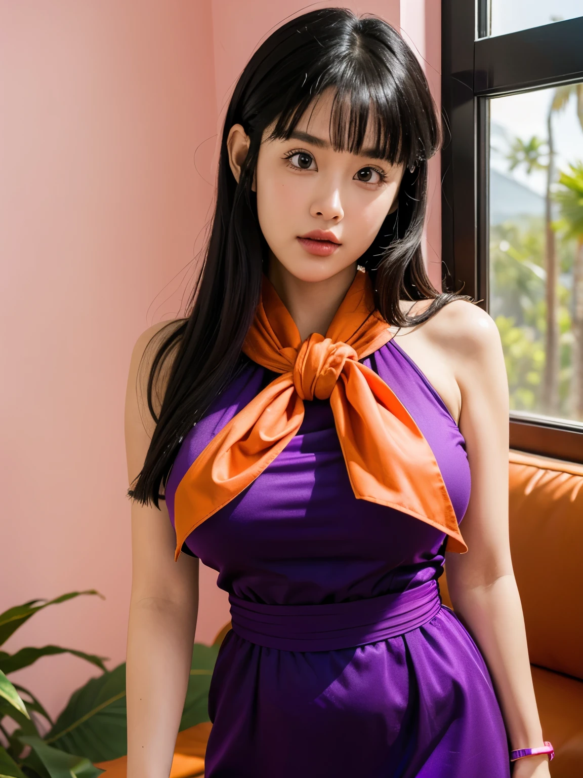 (masterpiece, best quality:1.2), 1girl, solo, professional lightings, cinematic lightings, 8k wallpaper, ultra realistic portrait of chichi, dragonball, chichi_dbz, ((dark purple Chinese dress, orange scarf)), bangle, bracelet), bare foots, detailed face, detailed eyes, highres, detailed skin texture, (ultra slim waist, perfect slim body style), black hair, (dango hair:1.15, parted long bangs:1.15), big eyes, double eyelids, ((ultra huge breasts, ultra huge tits, ultra huge boob, ultra huge cleavages)), ultra realistic mature older face, ultra detailed mature older face, realistic wrinkles on face and eyes, detailed wrinkles on face and eyes, (in living room, TV, view palms tree via window:1.1, ocean, palm tree and beach view via window:1.25, couch, wooden floor, house plants, pink painted walls:1.1), in extremely tiny island, ((standing)), looking at viewer, cowboy shot, close up angle, 
