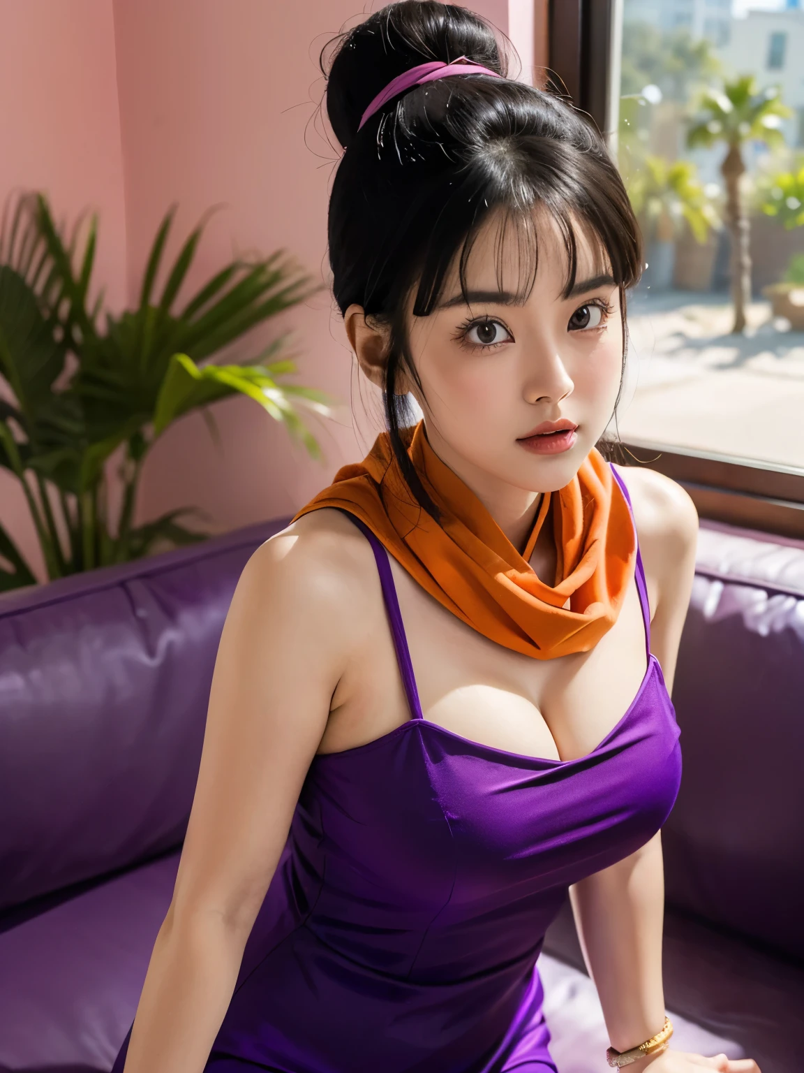 (masterpiece, best quality:1.2), 1girl, solo, professional lightings, cinematic lightings, 8k wallpaper, ultra realistic portrait of chichi, dragonball, chichi_dbz, ((dark purple Chinese dress, orange scarf)), bangle, bracelet), bare foots, detailed face, detailed eyes, highres, detailed skin texture, (ultra slim waist, perfect slim body style), black hair, (dango hair:1.15, parted long bangs:1.15), big eyes, double eyelids, ((ultra huge breasts, ultra huge tits, ultra huge boob, ultra huge cleavages)), ultra realistic mature older face, ultra detailed mature older face, realistic wrinkles on face and eyes, detailed wrinkles on face and eyes, (in living room, TV, view palms tree via window:1.1, ocean, palm tree and beach view via window:1.25, couch, wooden floor, house plants, pink painted walls:1.1), in extremely tiny island, ((standing)), looking at viewer, cowboy shot, close up angle, 
