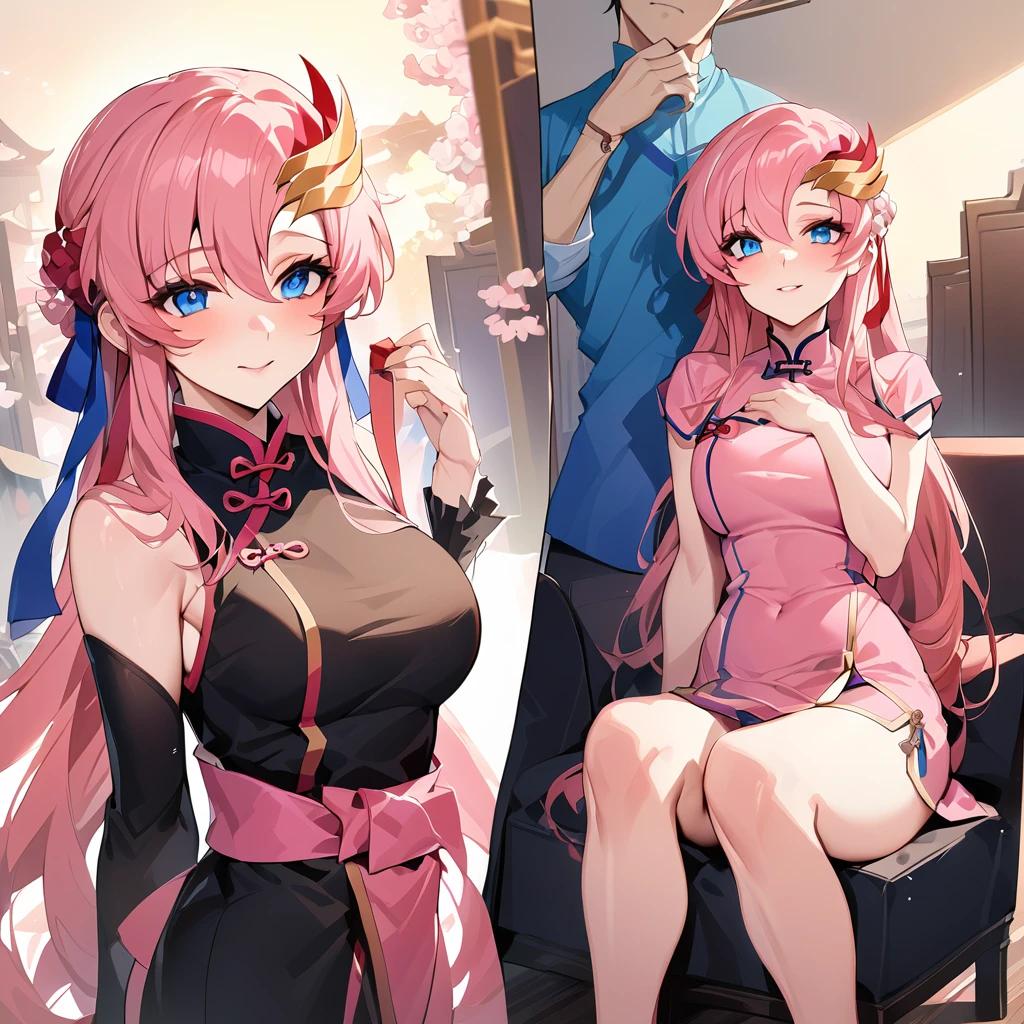 ((Highest quality)), ((masterpiece)), (detailed), (Perfect Face)、The woman is Lacus Clyne, who is married to a Chinese man, and is an ordinary Chinese woman with blue eyes, pink, medium-long hair, and an engagement ring.、The woman is dressed in typical Chinese clothing.、She married a Chinese man and dyed her hair for him, made her clothes and everything she wore Chinese, and her thoughts were also Chinese, becoming a great Chinese in body and mind.、The woman became Lacus Clyne, a Chinese woman who devotes herself to China and her husband.