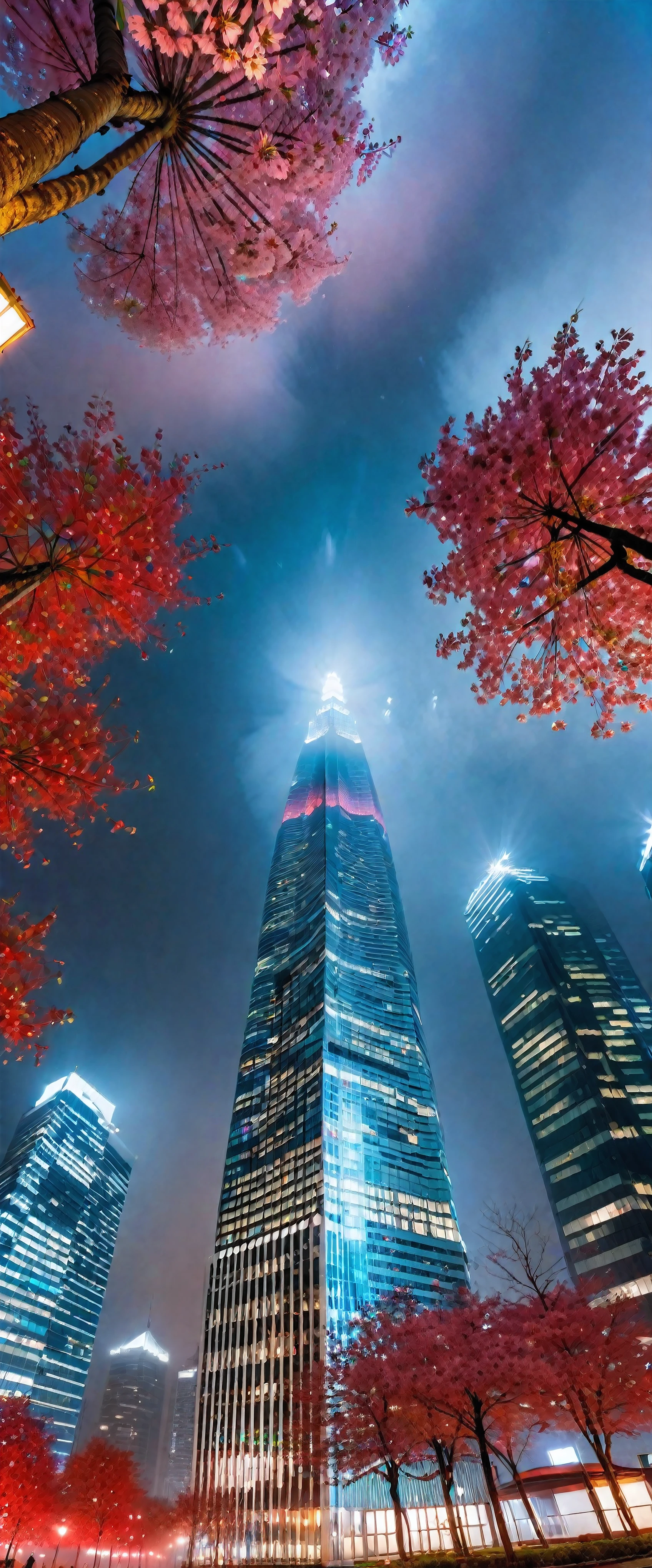 Low angle view of Towering skysraper in a city at night, city lights, asymmetric skyscraper, (ultra wide angle:1.5), fisheye lens photo, ((Low angle view):1.2), ((sense of extreme height):1.1), highly detailed city at night background, (fog), Coexistence with the surrounding environment, extremely detailed city background, wild sakura park, red maple park, beautiful landscape, extremely detailed, depth of field, best quality, masterpiece, high resolution, Hyperrealistic, 8K, top-view, high angle view, BlueColor Palette.