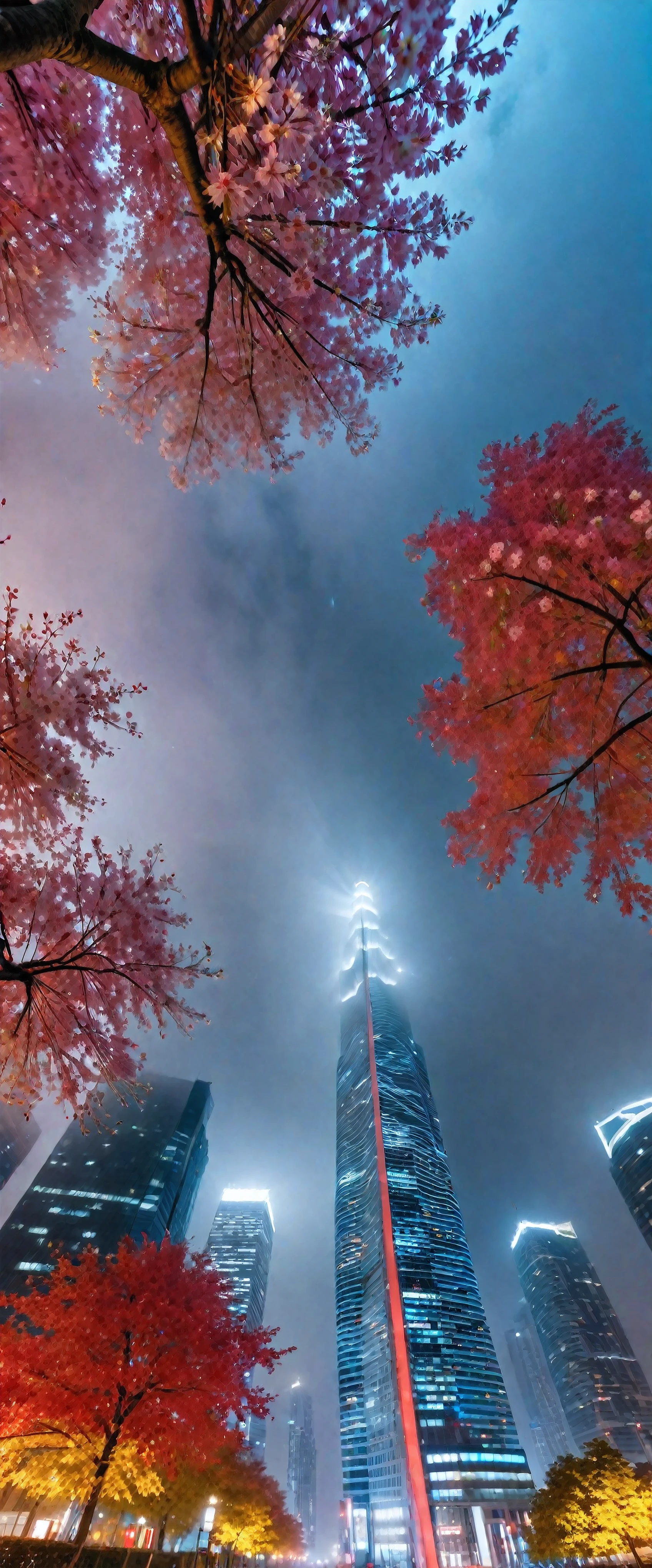 Low angle view of Towering skysraper in a city at night, city lights, asymmetric skyscraper, (ultra wide angle:1.5), fisheye lens photo, ((Low angle view):1.2), ((sense of extreme height):1.1), highly detailed city at night background, (fog), Coexistence with the surrounding environment, extremely detailed city background, wild sakura park, red maple park, beautiful landscape, extremely detailed, depth of field, best quality, masterpiece, high resolution, Hyperrealistic, 8K, top-view, high angle view, BlueColor Palette.
