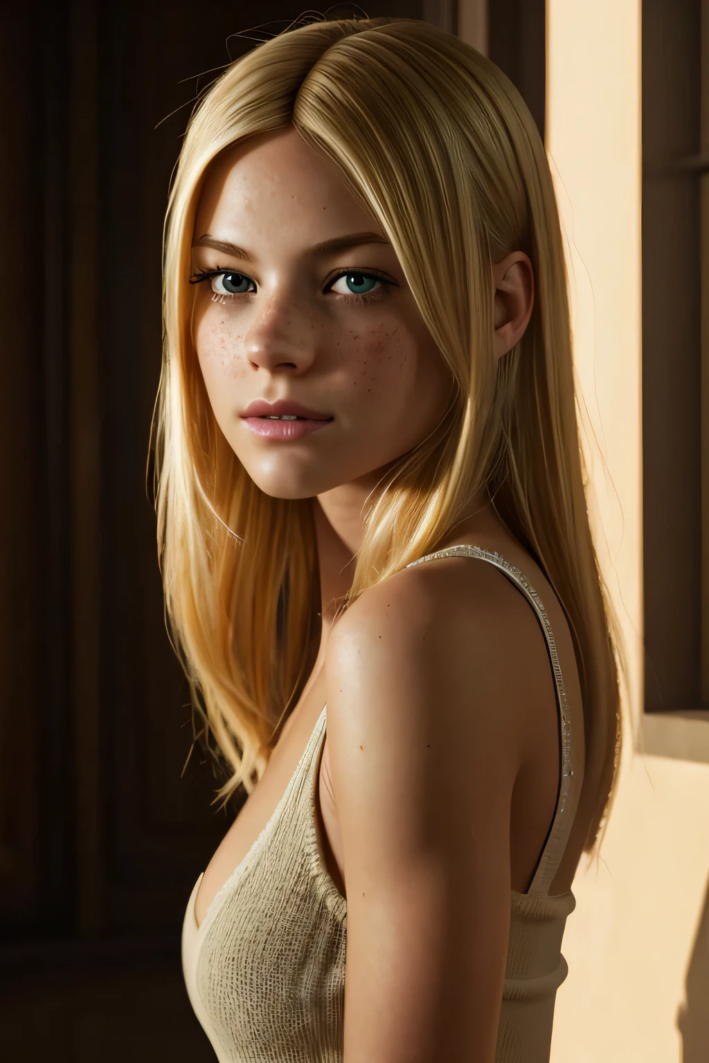 ultra realistic image, masterpiece, best quality, ultra-detailed, solo, shadows, contrast, cinematic light, ultra high resolution, best shadow, RAW, 4k, sexy, Gwen Stacy, long blond hair, shorter hair on left side, freckles, light skin