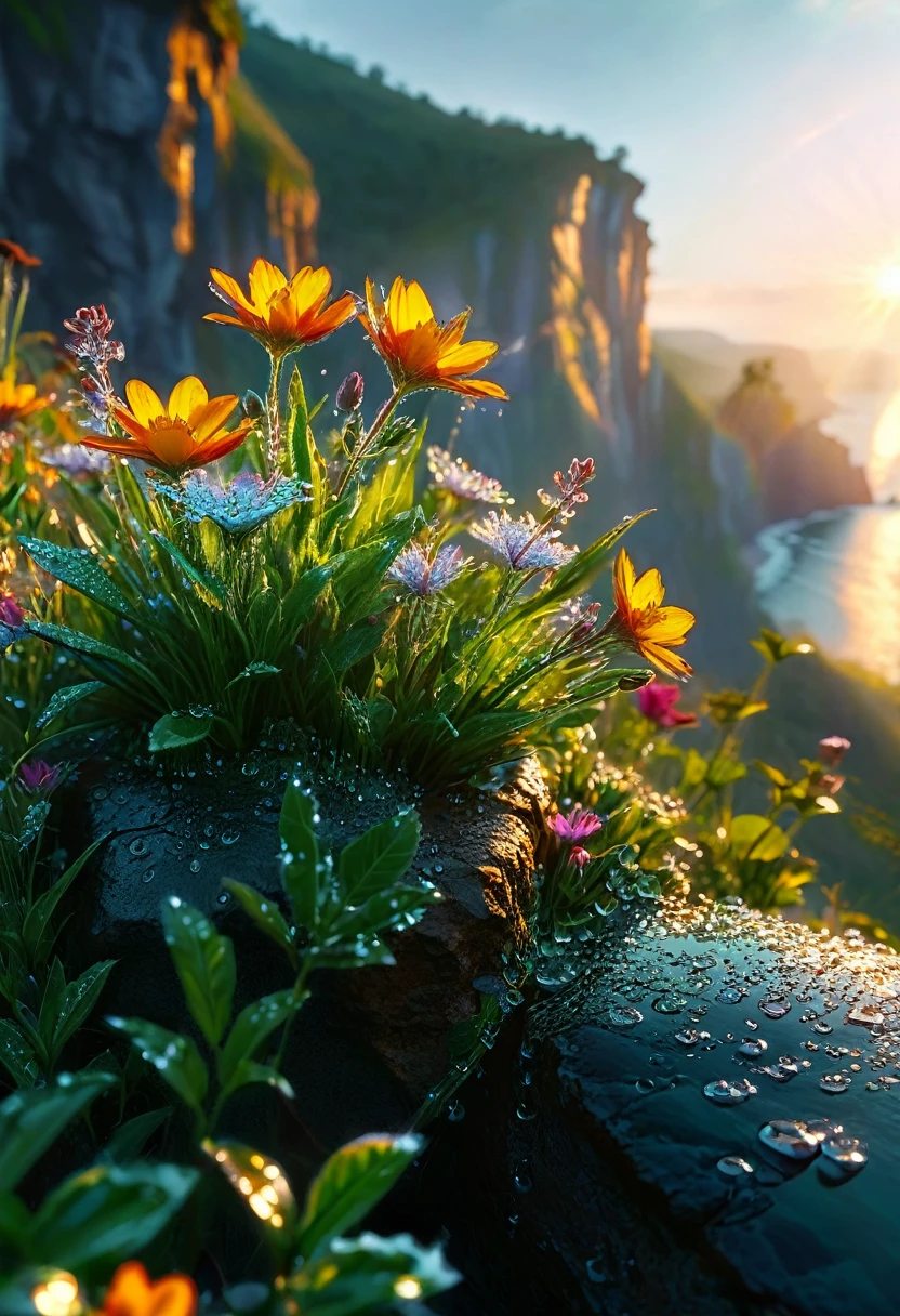 Beautiful and detailed morning scenery, Intricate details, practical, Dramatic lighting, The first rays of sunlight at dawn, sunrise，sunlight，Dew on flowers on a cliff, Natural light, movie, photopractical, High resolution wallpapers、And an eternal moment, 16K, Ultra-high resolution.Realistic, Ultra-high resolution, to be born,future、Rainbow colorsに光り輝く、Rainbow colors、The world 30 years from now。