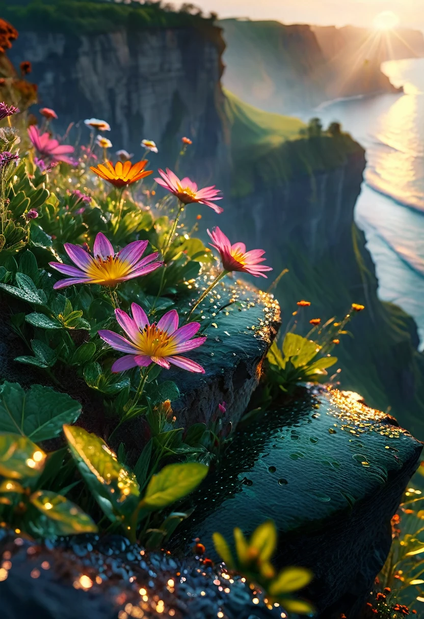 Beautiful and detailed morning scenery, Intricate details, practical, Dramatic lighting, The first rays of sunlight at dawn, sunrise,sunlight,Dew on flowers on a cliff, Natural light, movie, photopractical, High resolution wallpapers、And an eternal moment, 16K, Ultra-high resolution.Realistic, Ultra-high resolution, to be born,future、Rainbow colorsに光り輝く、Rainbow colors、The world 30 years from now。