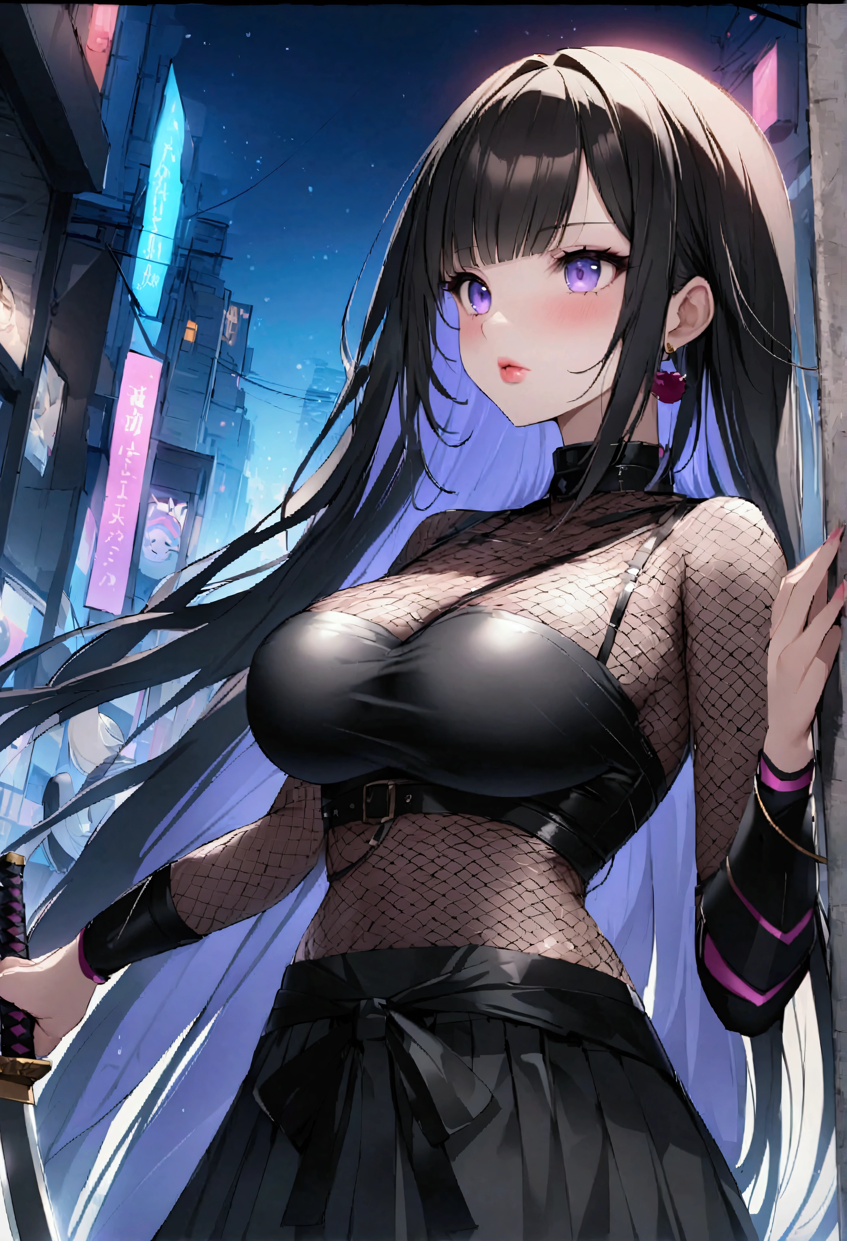 embedded:urn:air:SD1:embedding:civitai:222256@250708、Score 9、Score 8_up、Score 7_up、Score 6_up、Realなスタイルの写真、Real、Highest quality、4K、masterpiece、Realな肌の質感、Asian Girl、One girl、Very long hair、Two-tone hair、Japan Female Swordsman、mask、With a sword in his hand、With glowing light effect、Large Breasts、slim、Beautiful Lips、fishnet top、HD32k、Pause、ダイナミックなPause、cyber punk、City、Dutch Angle、Cowboy Shot、Expressive、hkwarrior、whole body、