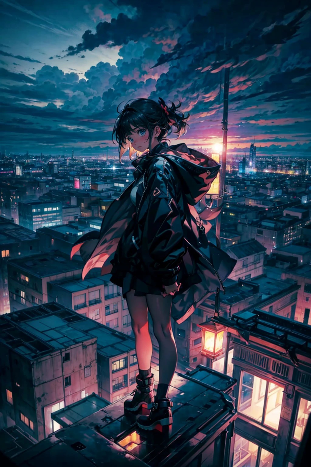 1girl,solo,cute,outdoor,cloudy,dark sky,over lookdown the city