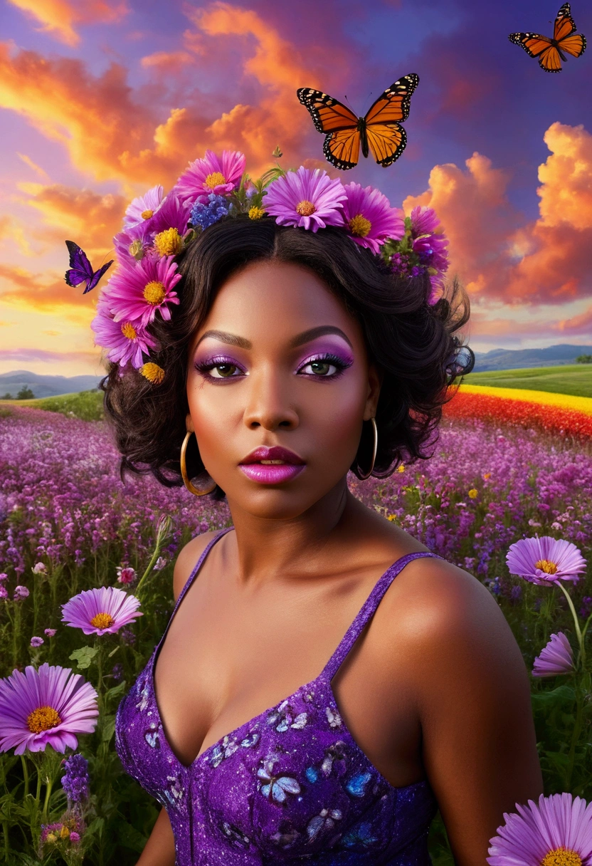 country road，Roadside wildflowers，weeds，sunraise，brilliant colorful, full body shot, fantasy, field full of purple butterflies, a beautiful, curvy, plump, mature, 40 year old black woman, fully dressed, walking in a colorful flower field, surrounded by lots of purple butterflies, flying around her, giant purple butterflies flying over a colorful field of flowers, detailed eyes, detailed lips, long eyelashes, highly detailed, 8k, photorealistic, masterpiece, vibrant colors, dramatic lighting, fantasy, surreal, magical realism, clouds in the background