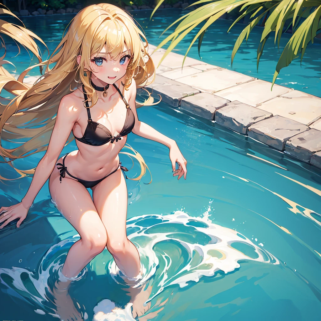 (8k, RAW photo, best quality, masterpiece:1.2), (extremely detailed 8k wallpaper),sharp focus, professional lighting, depth of field, cinematic lighting,blur background,BREAK (1girl:1.4),cute face,wet hair,blonde hair, curly hair,slim and smooth lines,slim body,bikini,seductive smile,pool,golden ratio,leaning forward,(small breasts:1.4),