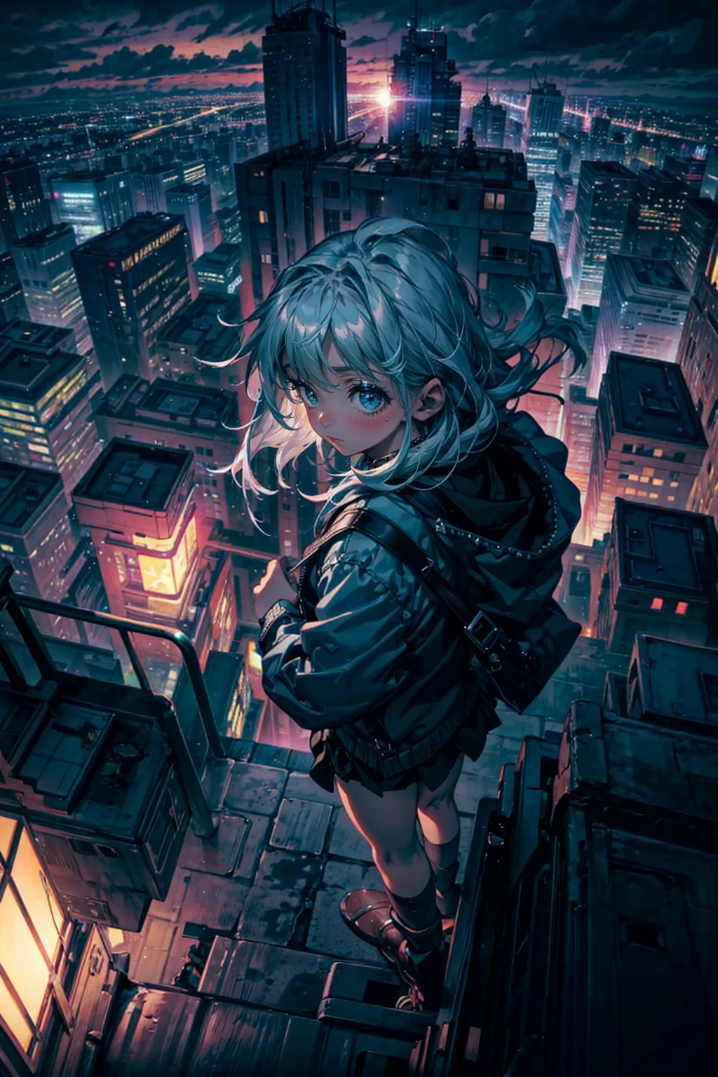 1girl,solo,cute,outdoor,cloudy,dark sky,over lookdown the city