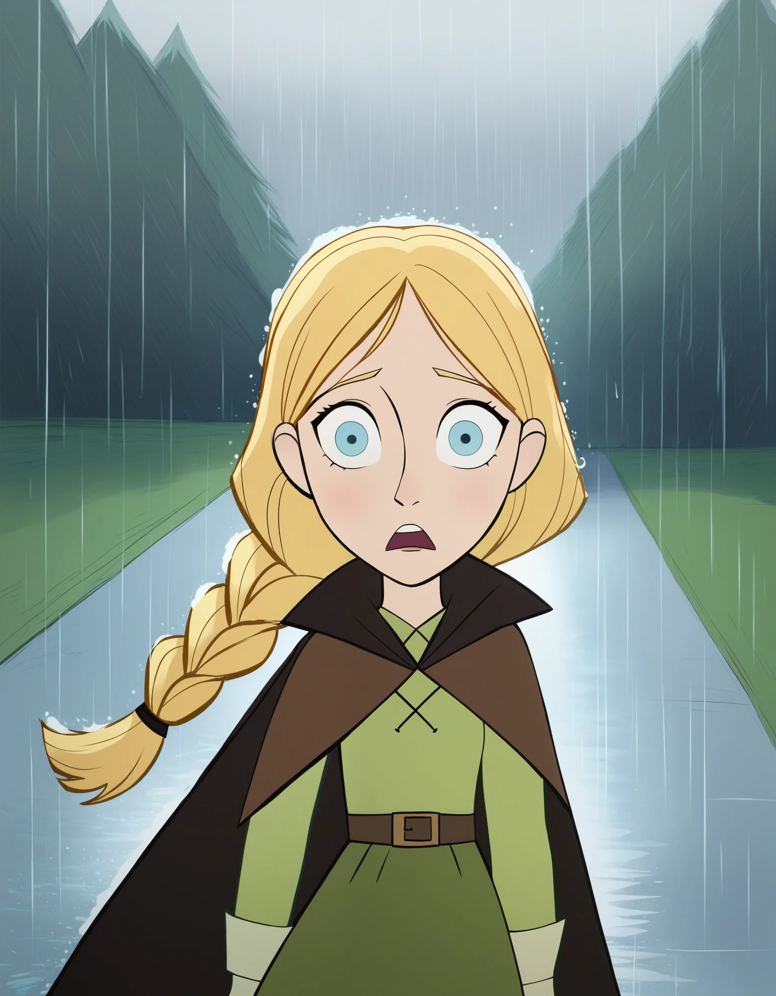 score_9, score_8, score_7,  robyngoodfellowe, wolfwalkers_studio_saloon_style, 1girl, blonde hair, blue eyes, solo, long hair, open mouth, braid, pants, rain, wide-eyed, scene reference, long sleeves, cape