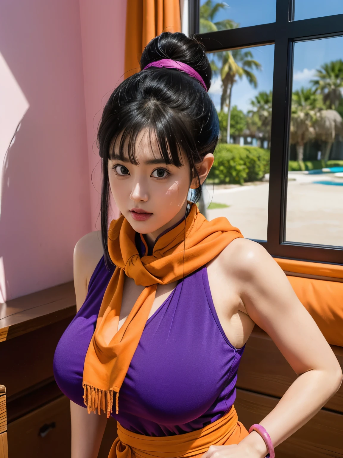 (masterpiece, best quality:1.2), 1girl, solo, professional lightings, cinematic lightings, 8k wallpaper, ultra realistic portrait of chichi, dragonball, chichi_dbz, ((dark purple Chinese dress, orange scarf)), bangle, bracelet), bare foots, detailed face, detailed eyes, highres, detailed skin texture, (ultra slim waist, perfect slim body style), black hair, (dango hair:1.15, parted long bangs:1.15), big eyes, double eyelids, ((((ultra huge breasts, ultra huge tits, ultra huge boob, ultra huge cleavages)))), ultra realistic mature older face, ultra detailed mature older face, realistic wrinkles on face and eyes, detailed wrinkles on face and eyes, (in living room, TV, view palms tree via window:1.1, ocean, palm tree and beach view via window:1.25, couch, wooden floor, house plants, pink painted walls:1.1), in extremely tiny island, ((standing)), looking at viewer, cowboy shot, close up angle, 
