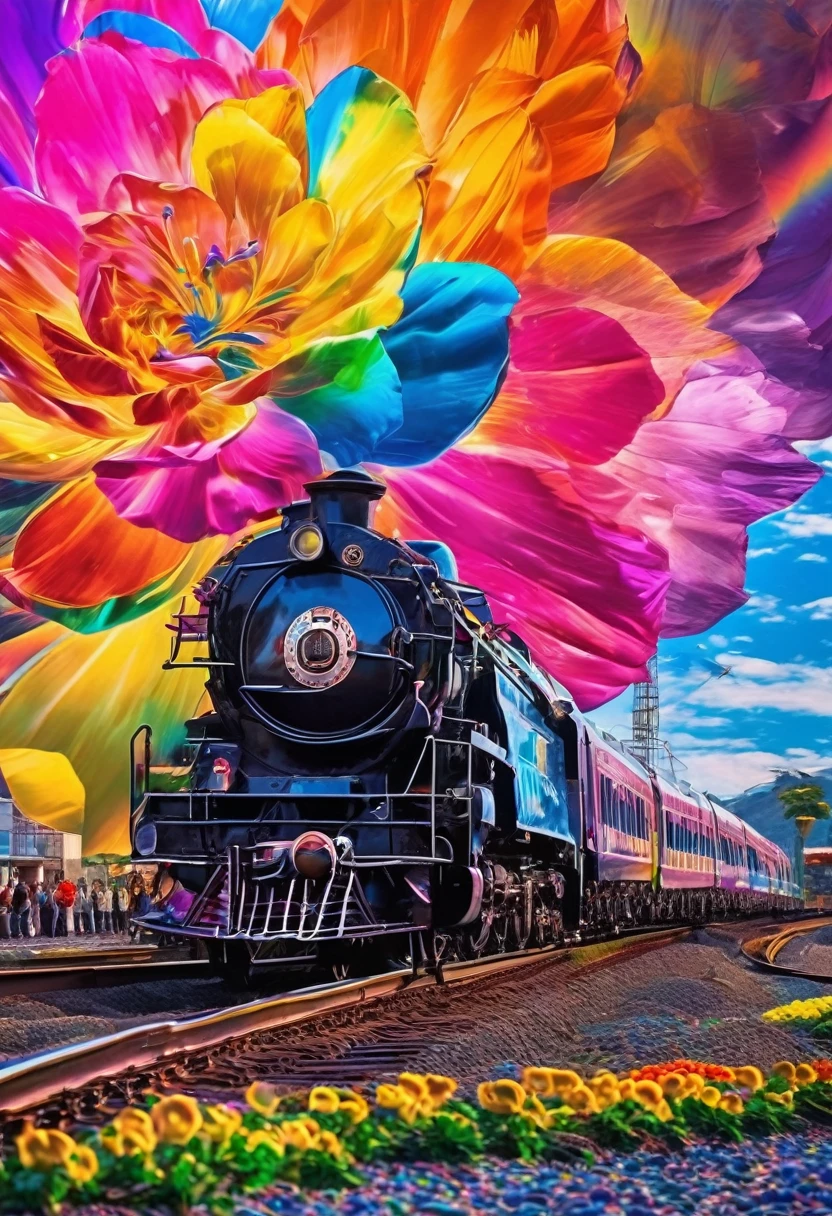 A locomotive running on rainbow-colored tracks,colorful,beautiful flower,wonderful景色,Seaside,Iridescent Sea、An atmosphere full of dreams and hope,masterpiece.16K, Ultra-high resolution, Ultra-high resolution, to be born,wonderful ,future、Iridescent、The world 30 years from now。