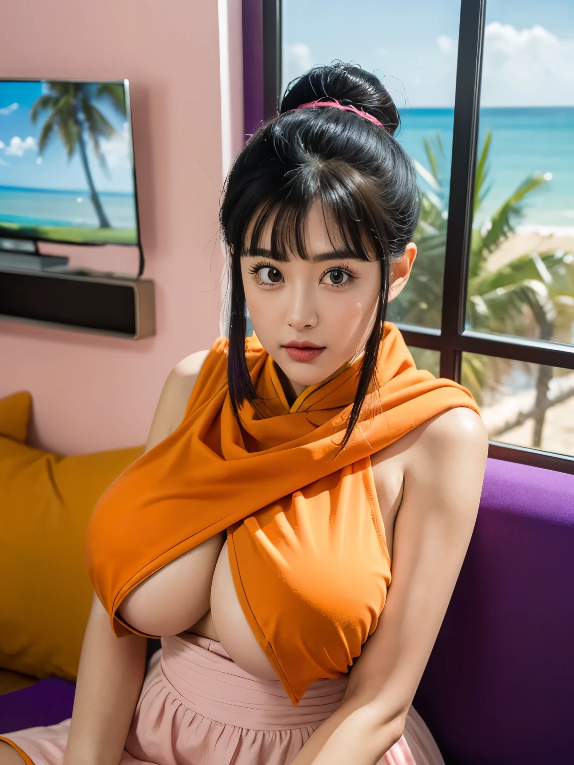 (masterpiece, best quality:1.2), 1girl, solo, professional lightings, cinematic lightings, 8k wallpaper, ultra realistic portrait of chichi, dragonball, chichi_dbz, ((dark purple Chinese dress, orange scarf)), bangle, bracelet), bare foots, detailed face, detailed eyes, highres, detailed skin texture, (ultra slim waist, perfect slim body style), black hair, (dango hair:1.15, parted long bangs:1.15), big eyes, double eyelids, ((((ultra huge breasts, ultra huge tits, ultra huge boob, ultra huge cleavages)))), ultra realistic mature older face, ultra detailed mature older face, realistic wrinkles on face and eyes, detailed wrinkles on face and eyes, (in living room, TV, view palms tree via window:1.1, ocean, palm tree and beach view via window:1.25, couch, wooden floor, house plants, pink painted walls:1.1), in extremely tiny island, ((standing)), looking at viewer, cowboy shot, close up angle, 
