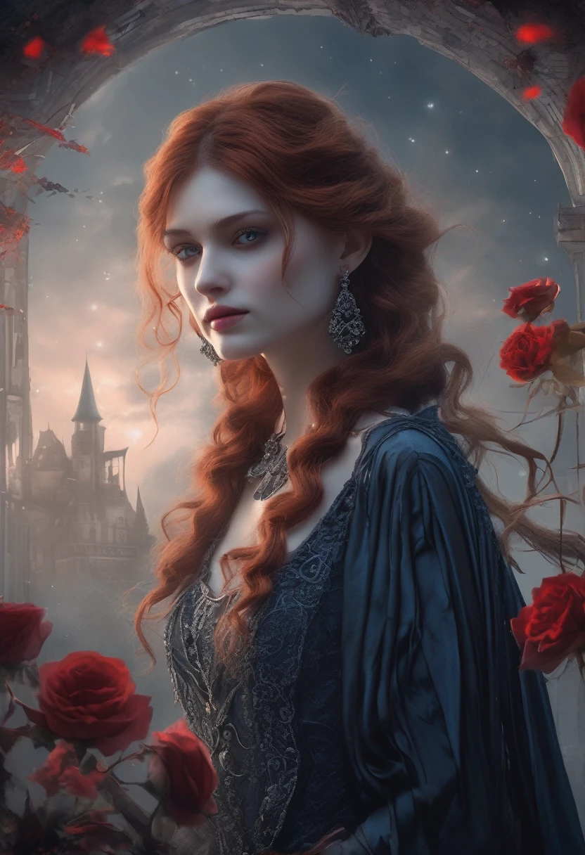 very young vampire princess,16 years old, Stunningly beautiful, deep blue eyes, Red hair,(Best Quality,4k,8k,High resolution,masterpiece:1.2),ultra detailed,(realist,photorealist,photo-realist:1.37, raw quality),softly glowing pale skin,pure blood,porcelain complexion,elegant and refined features,Elegant posture,Dark and mysterious atmosphere,gothic fashion,flowy black lace dress,touch of red in your clothes,delicate silver jewelry with ruby details,subtle but captivating smile,slightly pointed canines,translucent wings resembling bat wings,subtle shiny effect on their wings,gardens ????????????? roses in bloom,Bright red petals that contrast with the darkness.,lovely moonlit night,Dark and eerily beautiful castle in the background.,touches of moonlight illuminating its ethereal beauty,dark shadows and dramatic lighting,icy gaze that freezes the hearts of those who dare to meet his gaze,air of authority and power,symbol of danger and attractiveness,night sky filled with swirling fog and bright stars,Subtle color palette with deep blue tones,purple,and black,Soft lighting with soft moonlight that casts an ethereal glow.,vibrant but elegant style,with a touch of darkness and mystery,Portraits,fancy,horror,cement maker