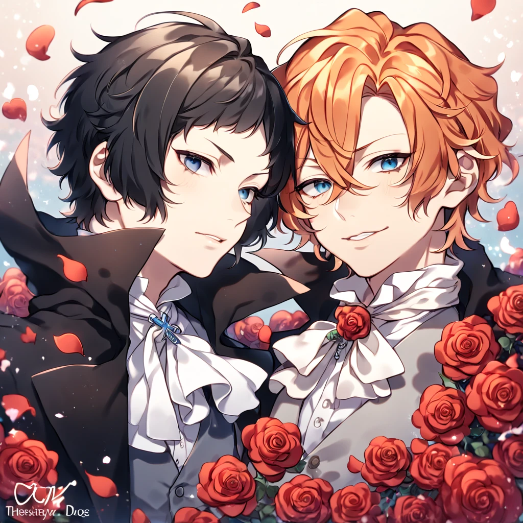 absurdres, highres, ultra detailed, HDR, master piece, best quality, extremely detailed, Akutagawa Ryuonosuke, black hair, expressive gray eyes, Bungou Stray Dogs, Nakahara Chuuya, orange hair, expressive blue eyes, two sexy men together, yaoi, gay couple, handsome, black coat with high collar, white shirt, gray vest, white cravat, cross, red butterflies, petals, magical, red roses, fantasy