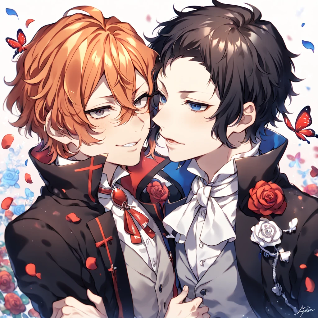 absurdres, highres, ultra detailed, HDR, master piece, best quality, extremely detailed, Akutagawa Ryuonosuke, black hair, expressive gray eyes, Bungou Stray Dogs, Nakahara Chuuya, orange hair, expressive blue eyes, two sexy men together, yaoi, gay couple, handsome, black coat with high collar, white shirt, gray vest, white cravat, cross, red butterflies, petals, magical, red roses, fantasy