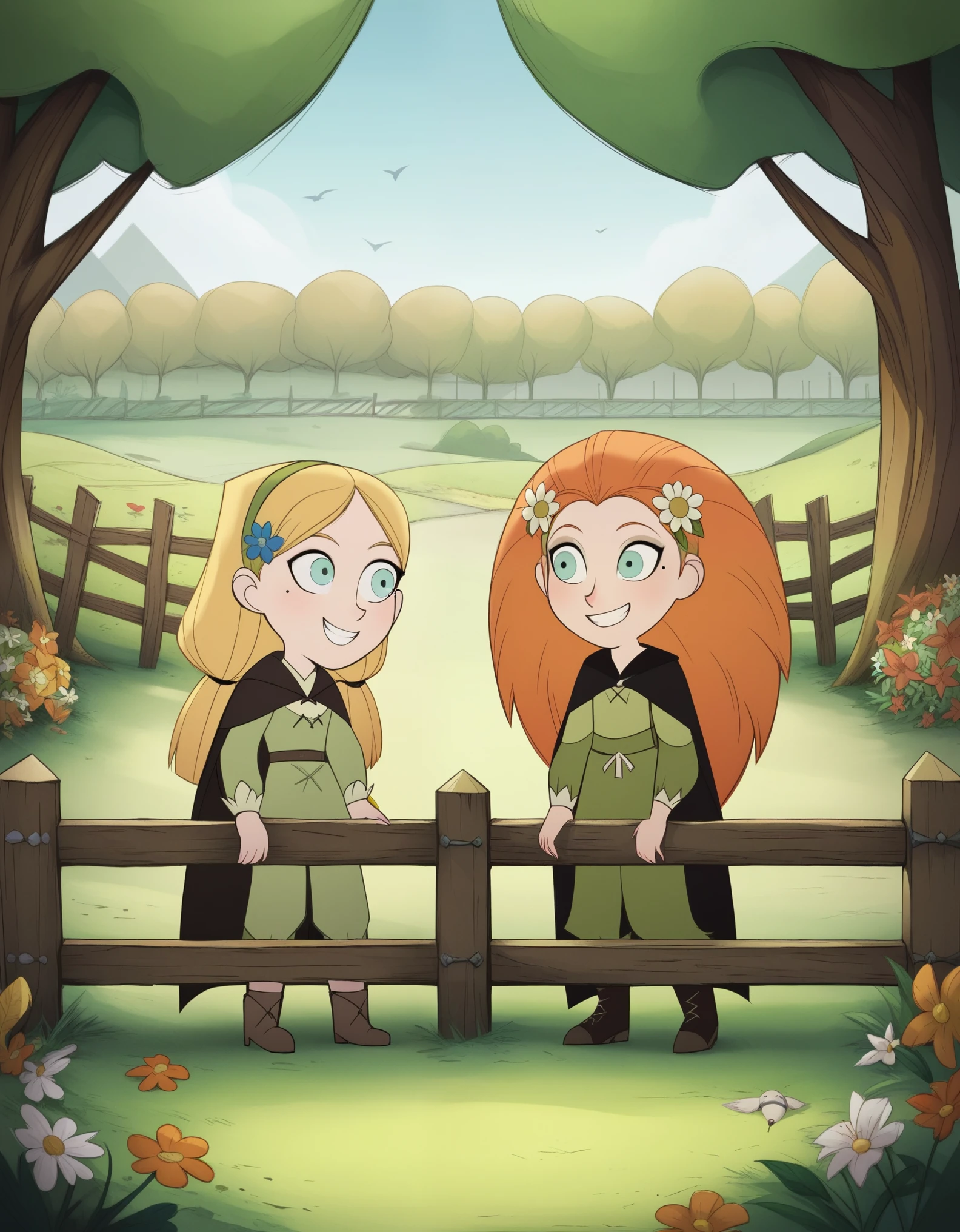 score_9, score_8, score_7, mebhógmactíre, , wolfwalkers_studio_saloon_style, bird, blonde hair, blue eyes, smile, fence, hair ornament, multiple girls, 2girls, grin, mole under eye, orange hair, green eyes, outdoors, hair flower, flower, mole, cape, tree, long hair