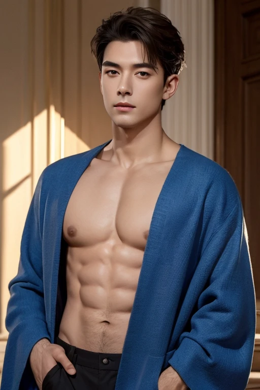 ((masterpiece)),((best quality)),8K,High Detail,Extremely detailed, neutral expressions, Fashion pose, Real skin texture, light,
Royal blue style husband,Topless