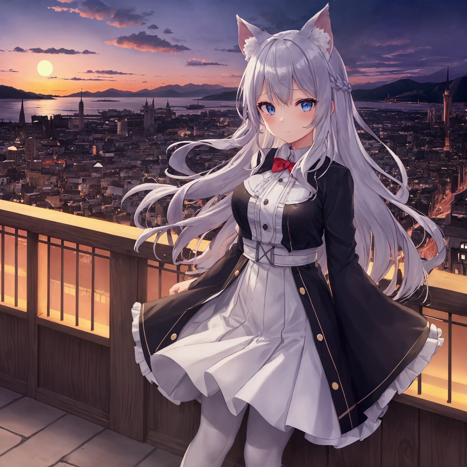 1girl, cityscape, skyscraper, sunset, building, cloud, city, cloudy sky, sky, star \(sky\), city lights, twilight, skyline, night, 独奏, castle, night sky, outdoors, river, dusk, animal ears, horizon, starry sky, long hair, tower, scenery, lake, bridge, long sleeves, water, dress, white legwear, watercraft, sunrise, town, silver hair, ocean, mountain, looking at viewer, wide sleeves, Blue eyes, purple sky, ship, evening, breasts, pantyhose, moon, burning, grey eyes, mountainous horizon, standing, red sky,Mass-produced Racat