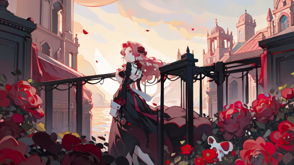 Young woman. pale skin. long brown hair with red streaks. Pink eyes. Fluffy black dress. bones instead of hands. Against the background of a rose. of semi water. rear window with sunset.