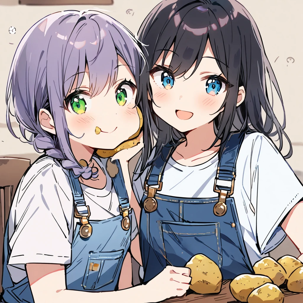 Two girls, stuffing their cheeks with potatoes wrapped in aluminum foil, the first girl has light purple braided hair and green eyes, the other girl has black hair and blue eyes, matching overalls, white T-shirts, smiling, masterpiece, detailed line drawing, detailed depiction,