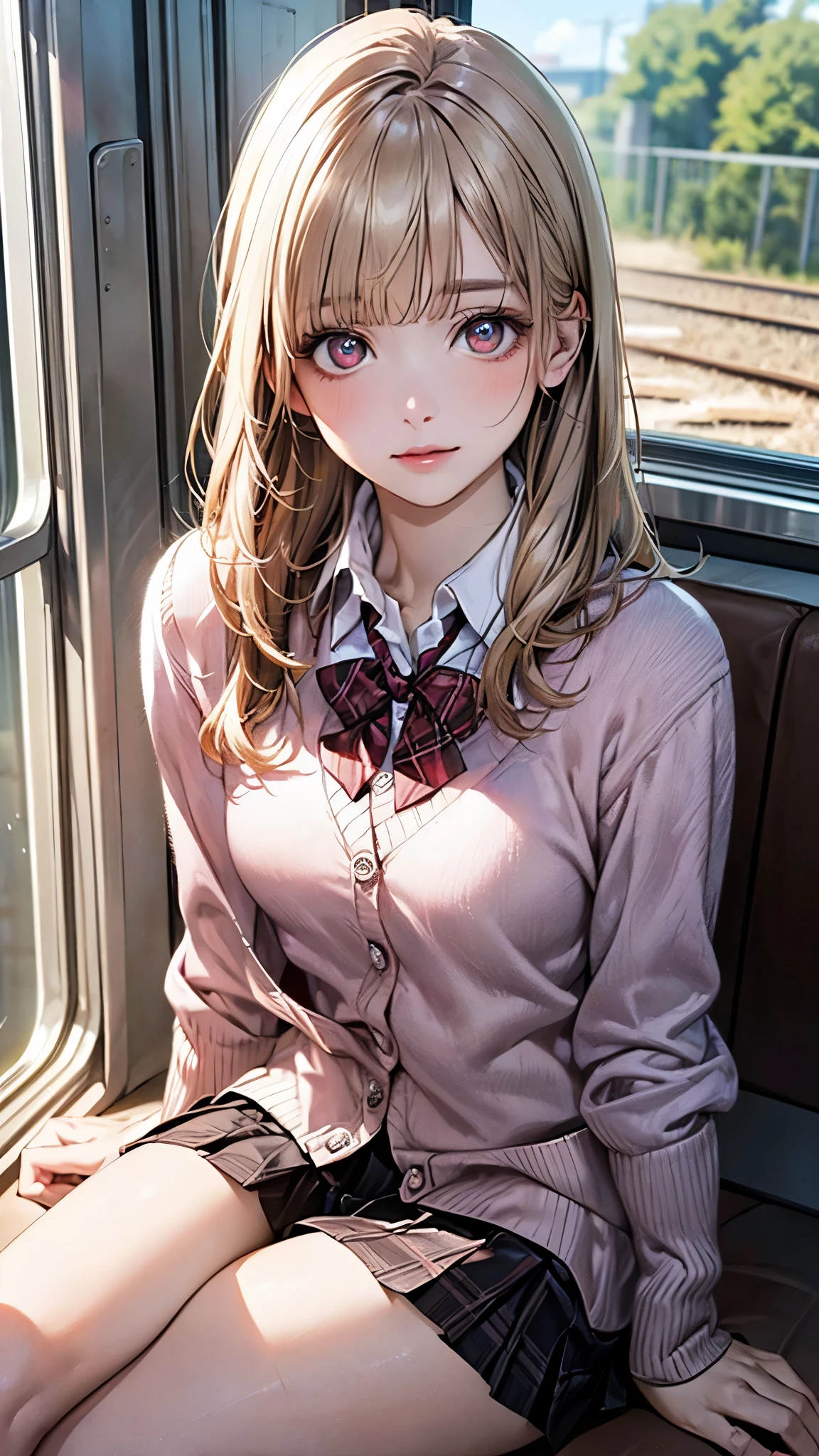 (masterpiece:1.2, top-quality), (realistic, photorealistic:1.4), beautiful illustration, (natural side lighting, movie lighting), depth of fields, nsfw,
beautiful detailed hair, beautiful detailed face, beautiful detailed eyes, beautiful clavicle, beautiful body, beautiful chest, beautiful thigh, beautiful legs,
looking at viewer, 1 girl, 12 years old, (perfect anatomy, anatomically correct, super detailed skin), cute and symmetrical face, perfect face, perfect eyes,
(middle hair, straight hair, curvy hair, ash blonde hair), blunt bangs, break gold eyes, big eyes, long eye lasher, (medium breasts, seductive thighs), perfect body, shiny skin, pink skin,
(detailed cloth texture, break white collared shirt, break (long sleeve pink knit cardigan), break dark brown pleated skirt, break dark red plaid bow tie), break
(beautiful scenery), (sitting, train interior), (sleeping),