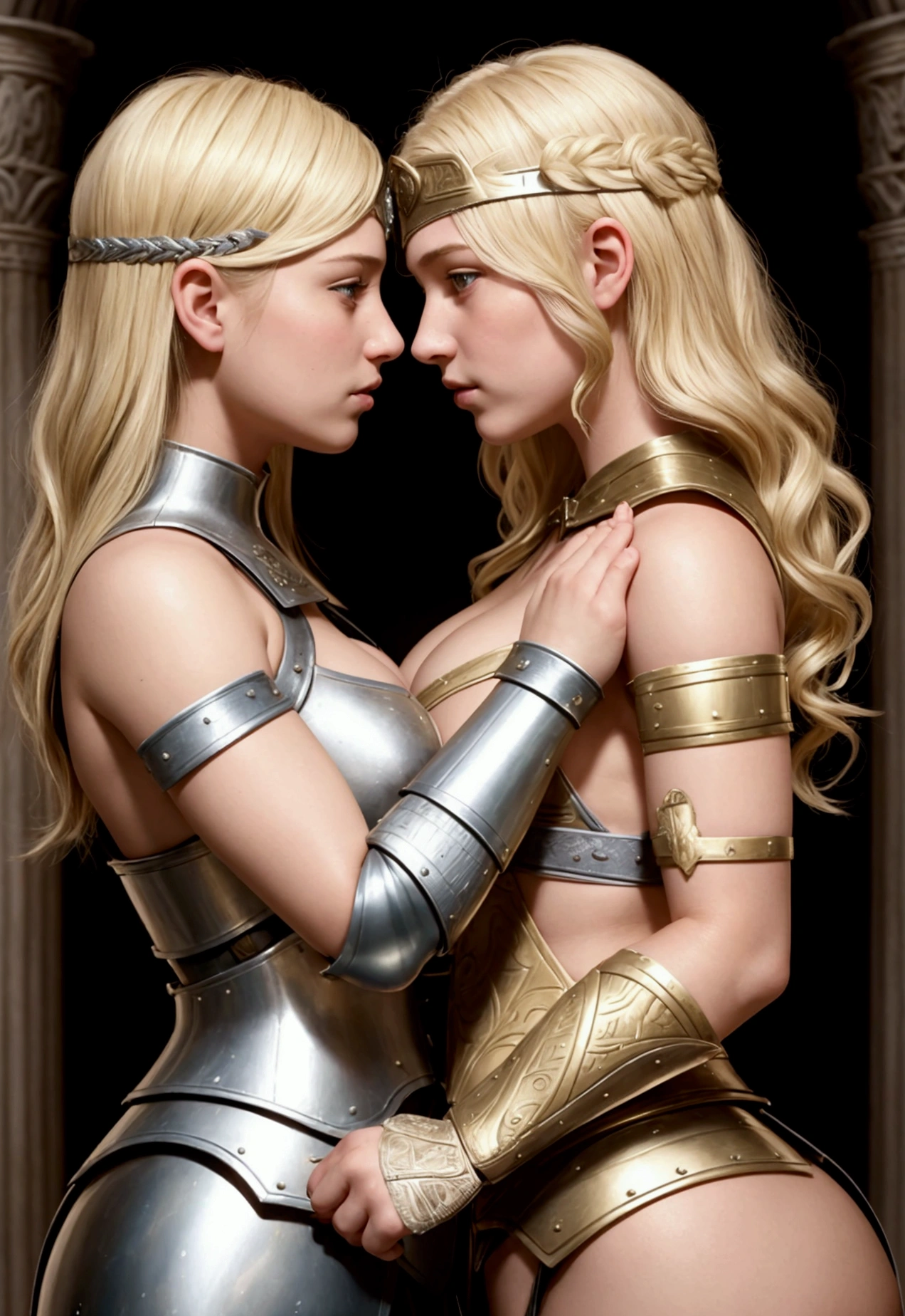 mother and daughter portrait break: mature woman, roman warrior, queens blade , middle age, blonde, detailed face, curvy body, fighter position, break: girl, roman warrior, princess blade , 13 yenager girl, s breasts, mini cropped, valkyrian princess ,blonde, detailed face, beautiful, confiant, background in uk land with flowers, soft lesbians, soft kiss