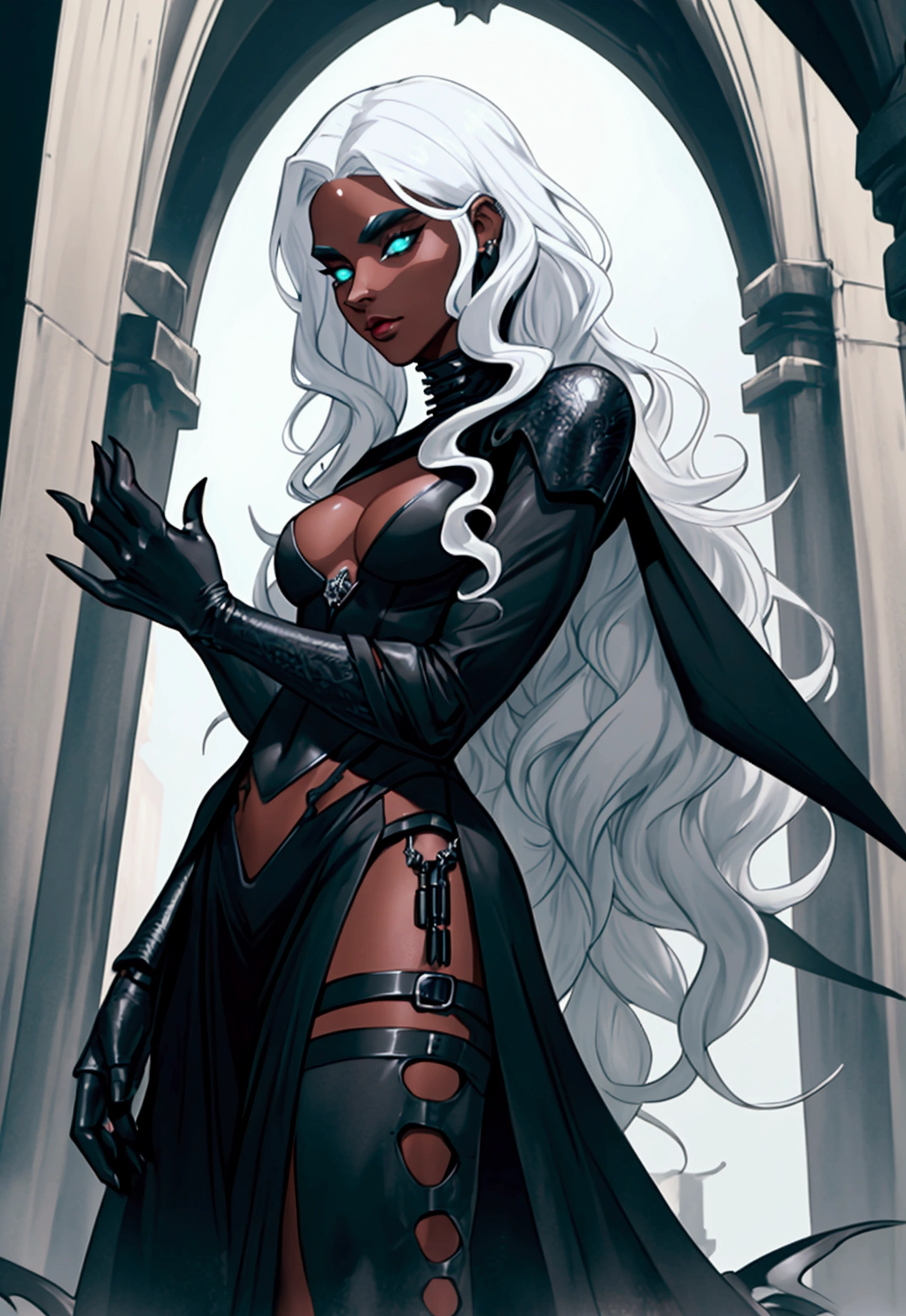 Hole body, black clothing, Futuristic drag queen clothing ideas, futuristic goth, black clothing, tan lattin skin, ultra detailed, long curly white hair, sculpture hair, medieval, targaryen, dragon's cave, pose