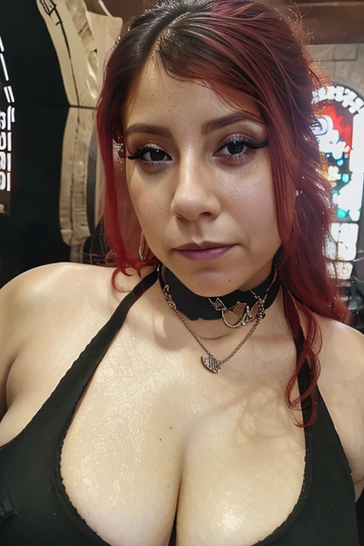 (masterpiece, best quality: 1.2), 1 girl, goth, solo, latina, redhead, /close-up of face), amateur photo, selfie, neckline, sexy, nsfw, sexy, amateur photo, corset shirt, sad look, looking down at viewer, natural skin texture, 24mm, 4k textures, bright cinematic light, RAW photo, photorealism, photorealistic, intricate, elegant, highly detailed, sharp focus, ((((((cinematic look)))), soft tones, insane details, intricate details, hyperdetailed, low contrast, soft cinematic light, bright colors, exposure mix, hdr, wearing choker