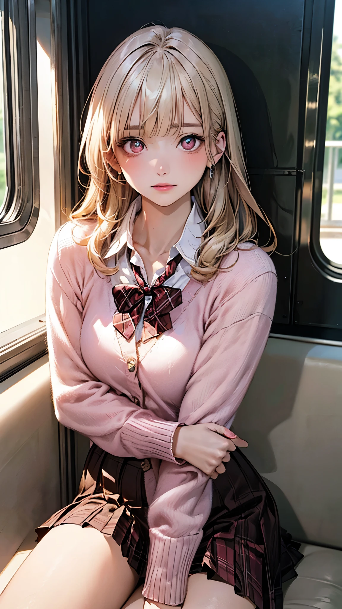 (masterpiece:1.2, top-quality), (realistic, photorealistic:1.4), beautiful illustration, (natural side lighting, movie lighting), depth of fields, nsfw,
beautiful detailed hair, beautiful detailed face, beautiful detailed eyes, beautiful clavicle, beautiful body, beautiful chest, beautiful thigh, beautiful legs,
looking at viewer, 1 girl, 12 years old, (perfect anatomy, anatomically correct, super detailed skin), cute and symmetrical face, perfect face, perfect eyes,
(middle hair, straight hair, curvy hair, ash blonde hair), blunt bangs, break gold eyes, big eyes, long eye lasher, (medium breasts, seductive thighs), perfect body, shiny skin, pink skin,
(detailed cloth texture, break white collared shirt, break (long sleeve pink knit cardigan), break dark brown pleated skirt, break dark red plaid bow tie), break
(beautiful scenery), (sitting, train interior), (sleeping),