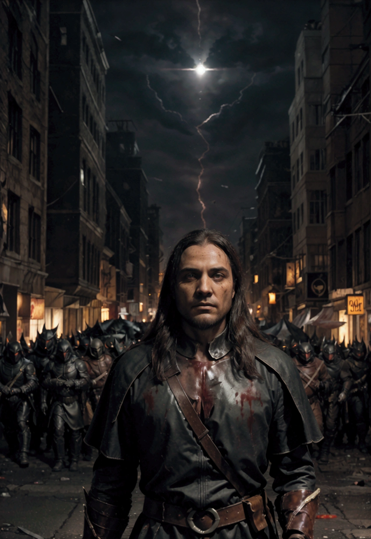 In the dark streets of Gotham, the Lord of Darkness, is next to Jesus Christ and Pope Francis. Face a horde of bloodthirsty criminals. In the middle of all this, include lots of explosions, blood in the streets and walls, a meteor falling from the open sky to the ground in Gotham.