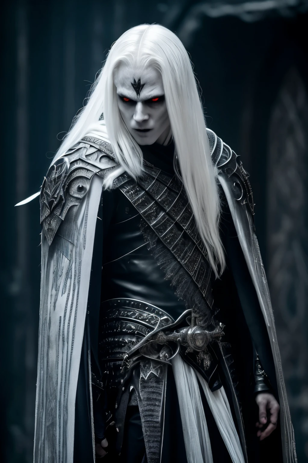 Surrounding the darkness is a vampiric humanoid creature, similar to a white walker, your skin is albino white, Does not have hair. Your body is slim and thin, its eyes are large, its sclera is red and its pupils are black, your teeth are pointy, your expression is evil. Wears white ceremonial robes decorated with parts of silver armor
