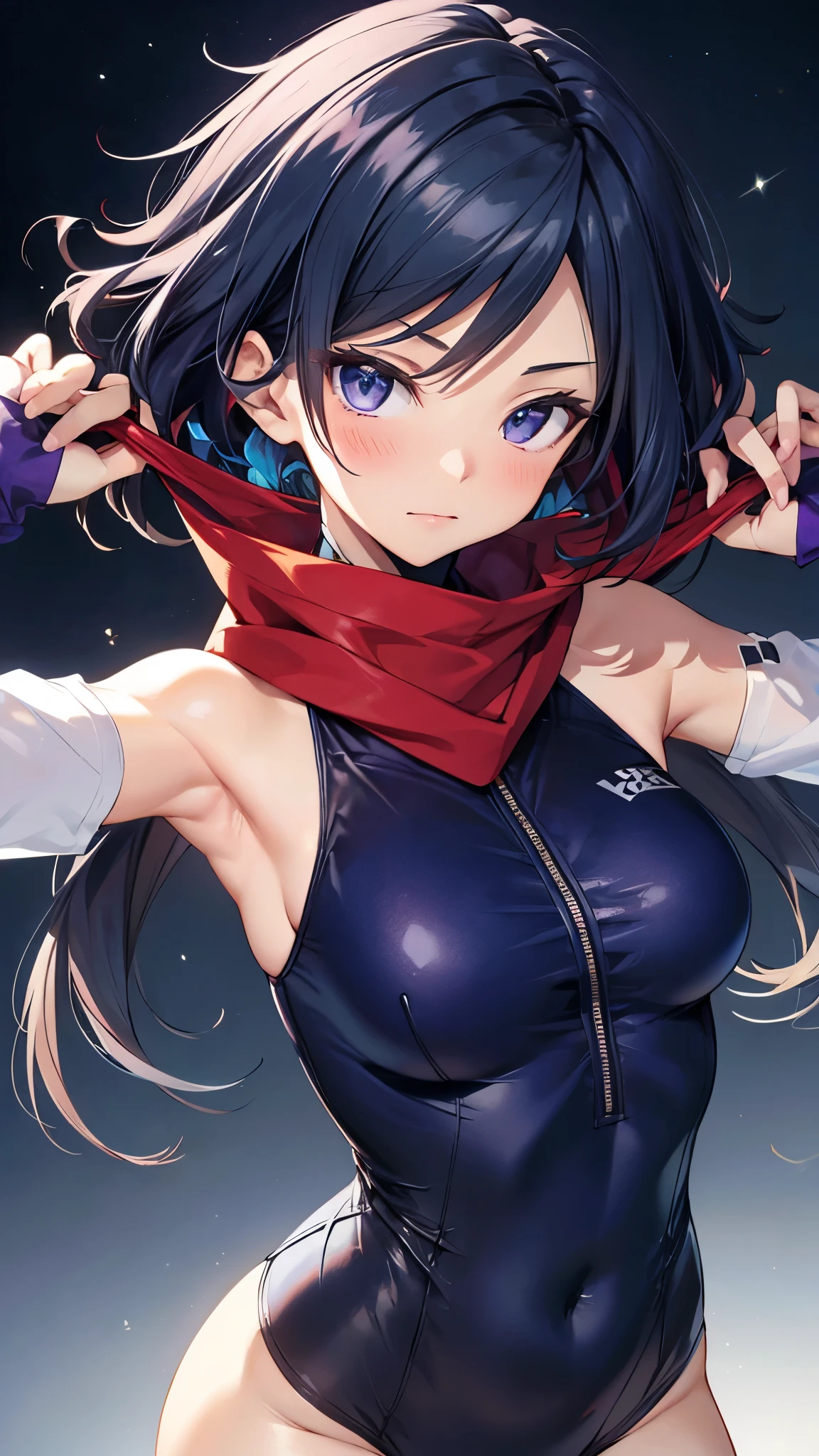 ayame \(gundam build divers\),(dark blue hair),very long hair, split ponytail, ninja, detached sleeves, red scarf, black thighhighs, (kimono crop top), purple sleeves,(dark blue leotard), (upper body:1.3) ,blush,(cameltoe:1.3), masterpiece,Noise Reduction,perfect anatomy,high resolution, ultra-detailed,game cg,dutch angle ,beautiful detailed eyes,visualart,five fingers, perfect hands, perfect lighting,