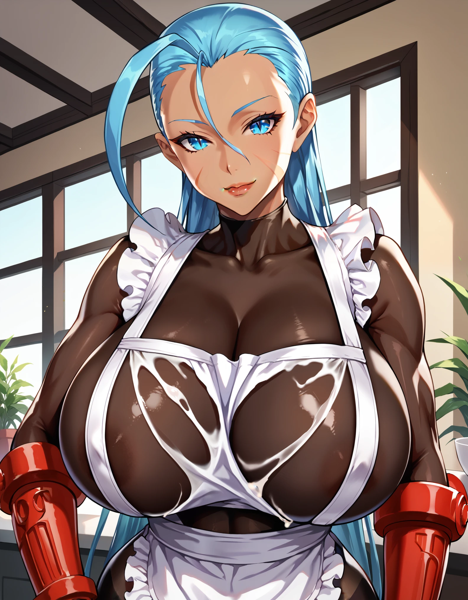 masterpiece, score_9_up, score_8_up, score_7_up, best quality, extremely detailed, 1girl, milf, solo, (dark skin, black skin:1.8), cammy white, (huge breasts:1.3), ((((blue hair), long hair, blue eyes, slit pupils, hair between eyes, wing ears))), parted lips, (((bodystocking, white apron, frilled apron))), ((light smile), closed mouth), ((indoor))