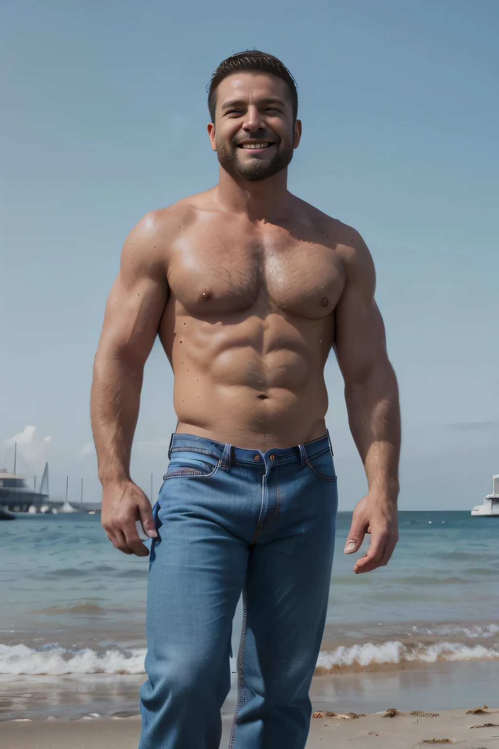 Award-winning original photoen, 30 years old man and wild muscular man aleman , short beards, burly, hunk, wearing shirt polo red colors smilling happil, detailed, lovely, ((full body)), (((shirtless )))(((darl blue  jeans))) big bulge 